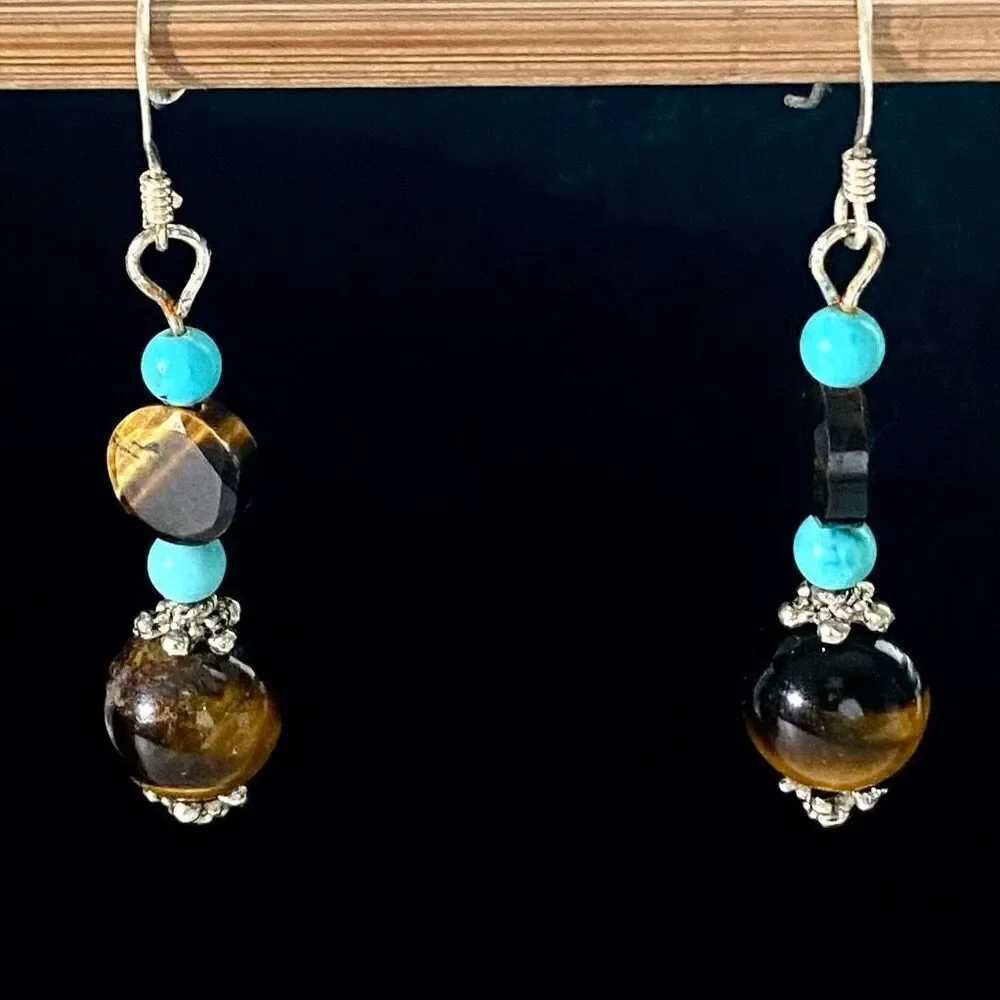 AJJ Sterling 1 3/4” Dangles with Tiger eye & Turquoue beads